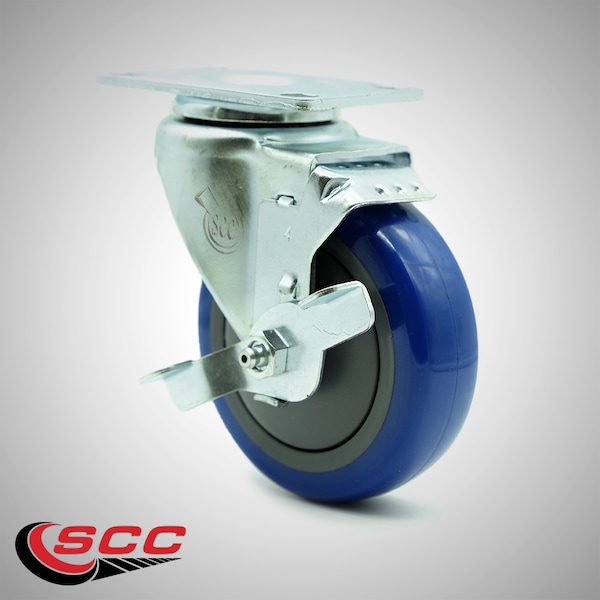 4 Inch SS Blue Polyurethane Swivel Top Plate Caster with Brake